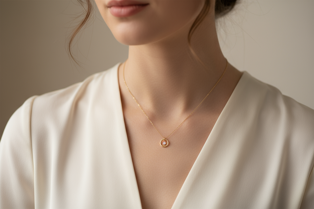 same necklace Delicate gold necklace on elegant woman's neck, close-up jewelry photography, soft focus, minimalist aesthetic, professional fashion editorial style, feminine and sophisticated
