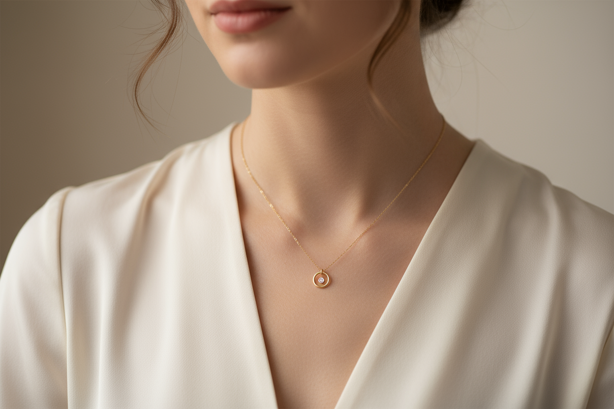 same necklace Delicate gold necklace on elegant woman's neck, close-up jewelry photography, soft focus, minimalist aesthetic, professional fashion editorial style, feminine and sophisticated